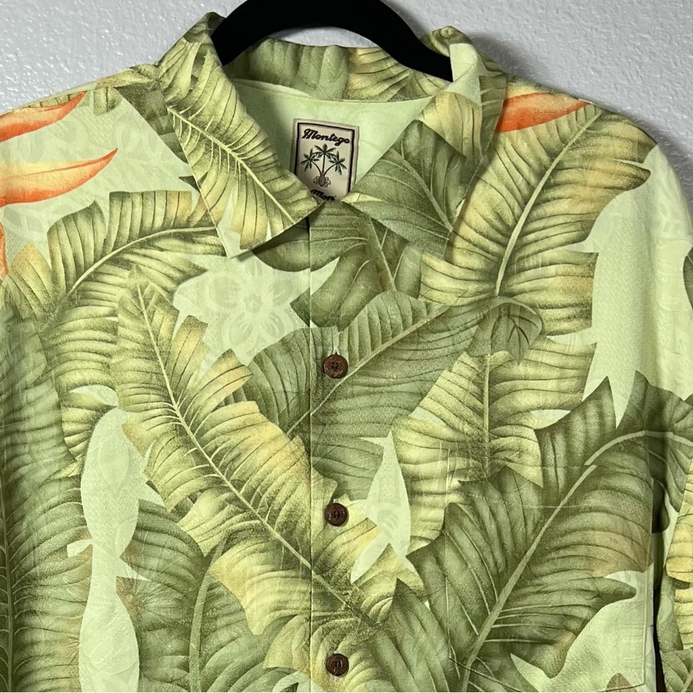 Montego Mon Short Sleeve Men’s Large‎ Shirt Tropical Leaf Green Orange Silk
